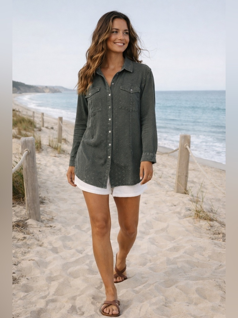 Free People Army Green Eyelet Tunic Top Button Up Boho Size L - Picture 3 of 14
